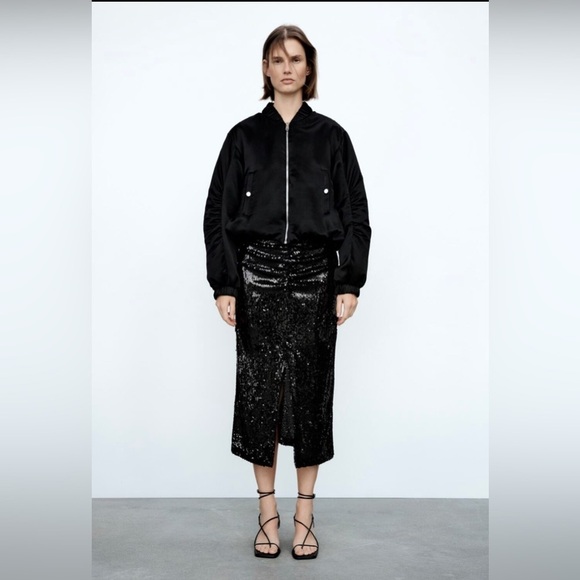 Zara Front Ruched + Front Split Sequin Skirt | Size Large - Picture 1 of 5